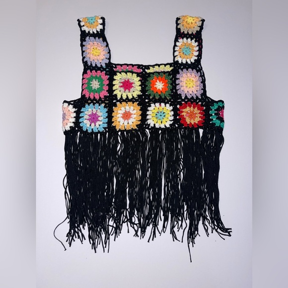 Crochet Granny Square Black Fringe Crop Top Small - Picture 2 of 9